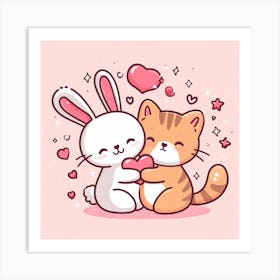 Cute Cat And Bunny Art Print
