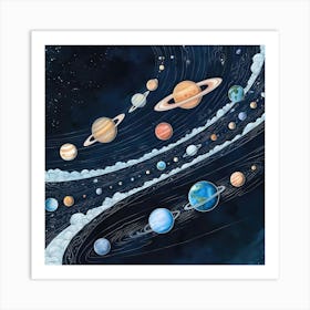 A Breathtaking, Highly Detailed Illustration Of The Universe And All Its Planets, Set Against A Deep, Starry Night Sky Art Print