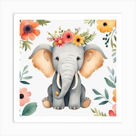 Floral Baby Mammoth Nursery Illustration (17) Art Print