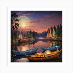 Boats At Night Art Print