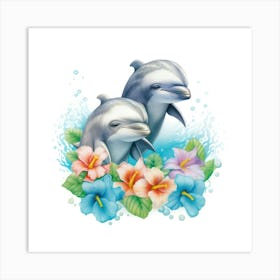 Dolphins With Flowers Póster