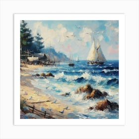 Sailboats On The Beach, Acrylic Painting Style 1 Art Print