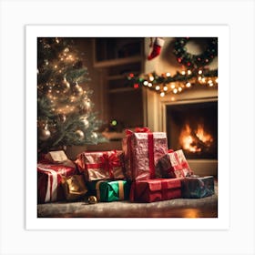 Christmas Presents In Front Of The Fireplace Art Print
