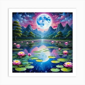 Lily Pond With Moon Art Print