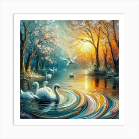 Ripple Pour Wet Acrylic Paint: Spring Dream Impasto Trees with Thick Raised Texture, Swans in the Lake - Highly Detailed, Crisp Clear Sharp Focus. Swan Painting Art Print