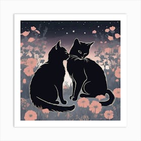 Silhouettes Of Cats In The Garden At Night, Grey, Peach And Black Art Print