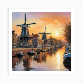 Sketching Amsterdam S Windmills At Sunset, Capturing The Essence Of Dutch Life Style Windmill Sunset Impressionism Art Print 3 Art Print