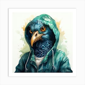 Watercolour Cartoon Peacock In A Hoodie 2 Art Print