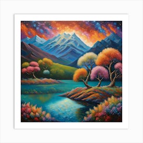Enchanted Isle: Colorful Fantasy Landscape with Luminous Mountain Backdrop wall art Art Print