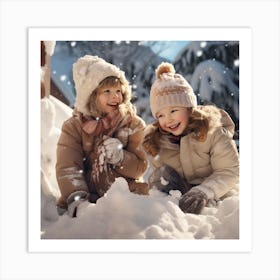 Two Girls Playing In The Snow Art Print