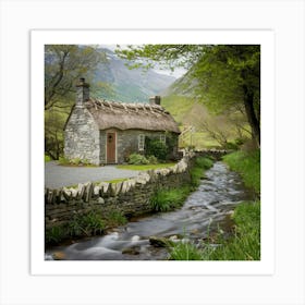 Thatched Cottage By The Stream 1 Art Print