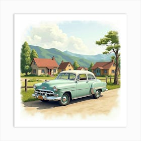 Retro Vehicle With A Quaint Village Backdrop, Watercolor Painting 1 Art Print