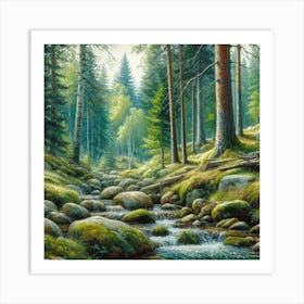 Stream In The Forest, Acrylic Painting Style 13 Art Print