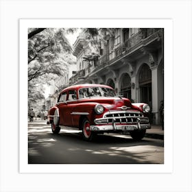 Red Car In Cuba Art Print