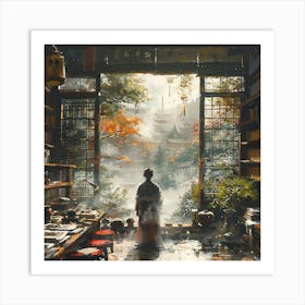 Asian Woman In A Library Art Print