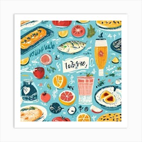 Food And Drink Seamless Pattern, Foodie Traveler A Delicious Pattern Featuring Iconic Dishes From Different Countries 1 Art Print