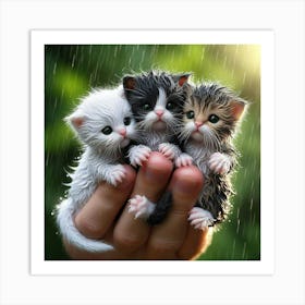 Three Kittens In Rain Art Print