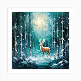 Deer In The Winter Forest Art Print