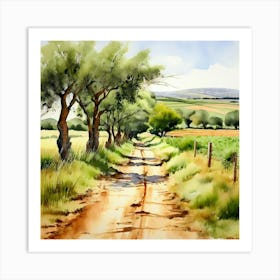 Watercolor Country Path Tall Olive Green Trees Lining The Country Path Landscape Abstract Art Print