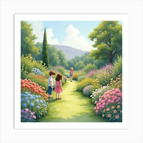 A Charming English Flower Garden With Visitors Admiring The Blooms, Watercolor 1 Art Print