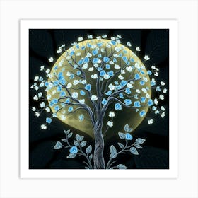 Moon Tree With Blue Flowers 2 Art Print