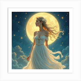 Elegant Goddess With A Moonlit Aura, Watercolor 1 Art Print