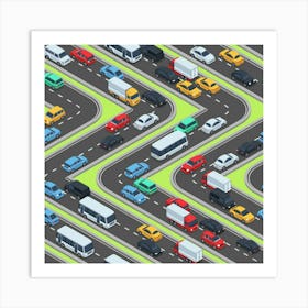 Urban Cars Seamless Texture Isometric Roads Car Traffic Seamless Pattern With Transport City Vector Illustration Art Print