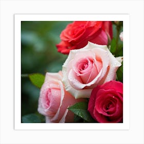 Close Up Photo Capture Of A Romantic Rose Bouquet Dew Kissed Petals Varying In Shades Of Pink And R (2) Art Print