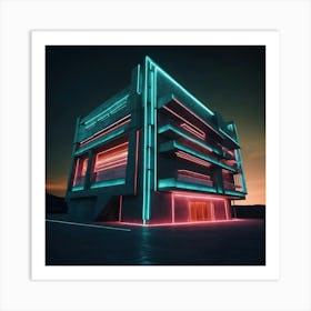 Abstract Building with neon light Art Print