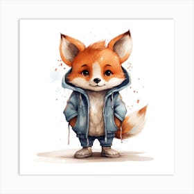 Watercolour Cartoon Fox In A Hoodie 3 Art Print