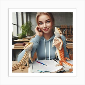 Portrait Of A Girl With Lizards Art Print