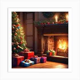 Christmas Presents Under Christmas Tree At Home Next To Fireplace Ultra Hd Realistic Vivid Colors (12) Art Print