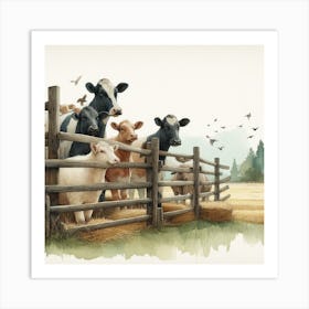 Watercolor Cows On A Farm Art Print