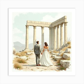 Elegant Greek Couple In Watercolor, Standing Amidst The Ruins Of An Ancient Temple 1 Art Print