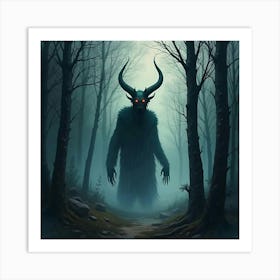 Horror Demon In A Watercolor Dark Forest With Eerie Fog 1 Art Print