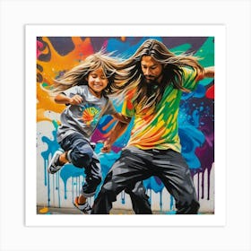 Man with daughter color splash jump  Art Print