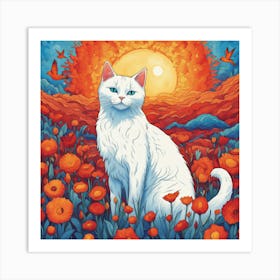 White Cat In Poppy Field Art Print