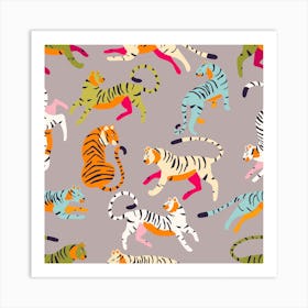 Colorful Tiger Pattern On Gray Square Art Print