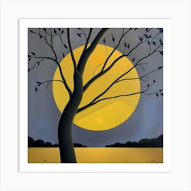 A Tree of life in front of a yellow moon. The tree is tall and thin, with bare branches. The moon is large and round, and it is casting a bright yellow light on the tree and the ground below. The painting is very simple, but it is also very effective. The artist has used a limited number of colors, but they have used them to create a very striking and atmospheric image. The contrast between the black tree and the yellow moon is very stark, and it creates a sense of drama and tension. The painting is also very well-composed. The tree is placed in the center of the image, and the moon is placed in the background. This creates a sense of balance and harmony. Overall, I think the painting is a very beautiful and effective work of art. It is also a very good example of how to use a limited number of colors to create a striking and atmospheric image. Here are some additional observations I can make about the painting: The tree is bare, which suggests that the painting is set in the winter. The moon is full, which suggests that the painting is set at night. The sky is black, which suggests that the night is clear and starlit. The ground is covered in snow, which suggests that the painting is set in a cold climate. The painting has a very somber and melancholic mood. This is conveyed by the use of dark colors, the bare tree, and the cold, winter setting. The painting may be about the loneliness and isolation of winter, or it may be about something more general, such as the ephemeral nature of life 2 Art Print