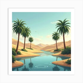 Serene Oasis Scene With Palm Trees, Water, And Sand Dunes 1 Art Print