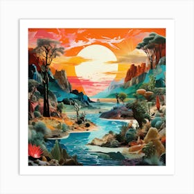 Sunset In The Desert, A Vibrant Collage Of Different Ecosystems Deserts Forests Oceans Seamlessly Blending Together Art Print