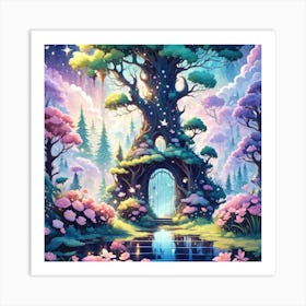 A Fantasy Forest With Twinkling Stars In Pastel Tone Square Composition 174 Art Print