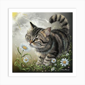 Spring Whimsy A Playful Tabby Cat And A Vibrant Daisy (2) Art Print