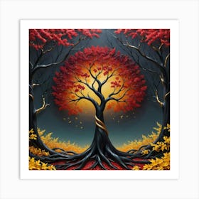 solid color gradient tree with golden leaves and twisted and intertwined branches 3D oil painting 3 Art Print