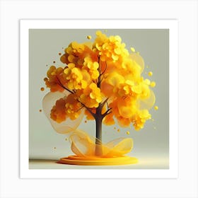 A 3d Rendering Of A Tree With Bright Yellow Leaves And An Abstract Style Art Print