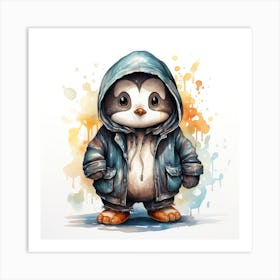 Watercolour Cartoon Penguin In A Hoodie 1 Art Print