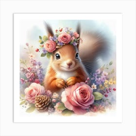 Squirrel With Flowers Art Print