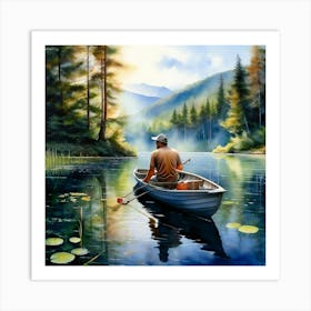 Watercolor Man Fishing In Boat On Lake Studio Photography Complex Details High Detail Art Print