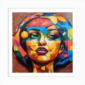 Urban Harmony A Detailed Portrait Of A Woman Holding A Cubist Orb On Brick Wall Art Print