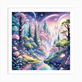 A Fantasy Forest With Twinkling Stars In Pastel Tone Square Composition 145 Art Print